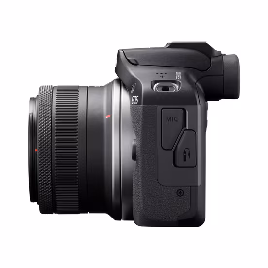 نمای جانبی Canon EOS R100 با لنز RF-S 18-45mm