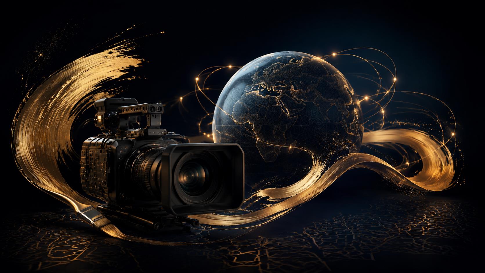 Cámara de cine, pincelada dorada y globo terráqueo: arte y medios globales